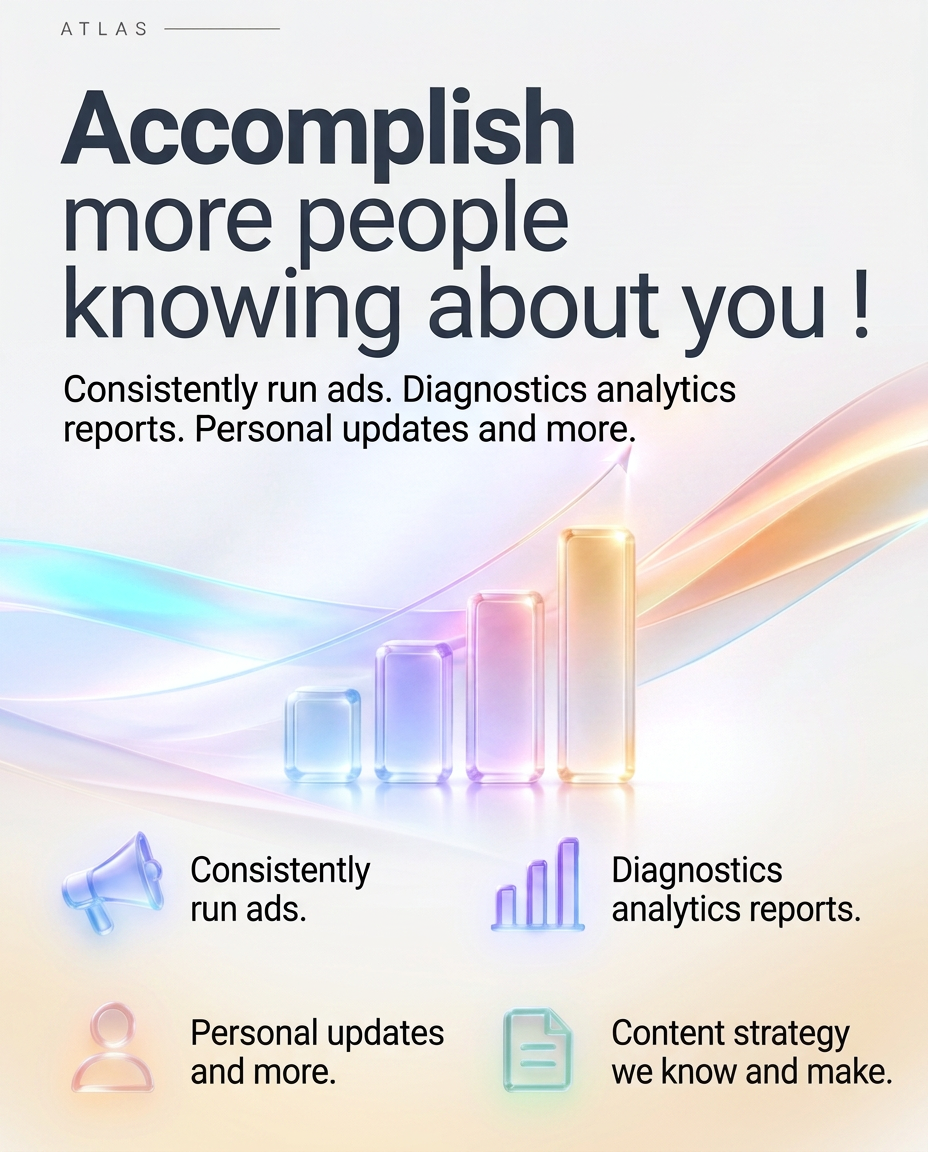 Accomplished more people knowing about you — consistently run ads, diagnostics analytics reports, personal updates and content strategy we know and make.